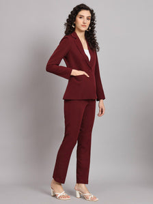 Notched Collar Stretch Pant Suit - Maroon