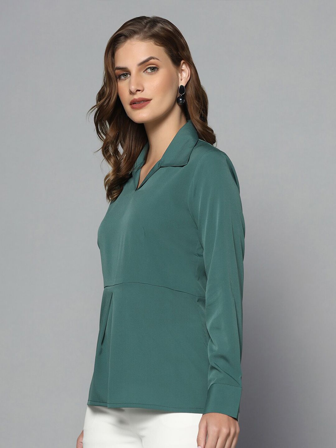 Regular Fit Collared Crepe Top - Green