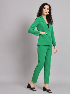 Notched Collar Stretch Pant Suit - Parrot Green