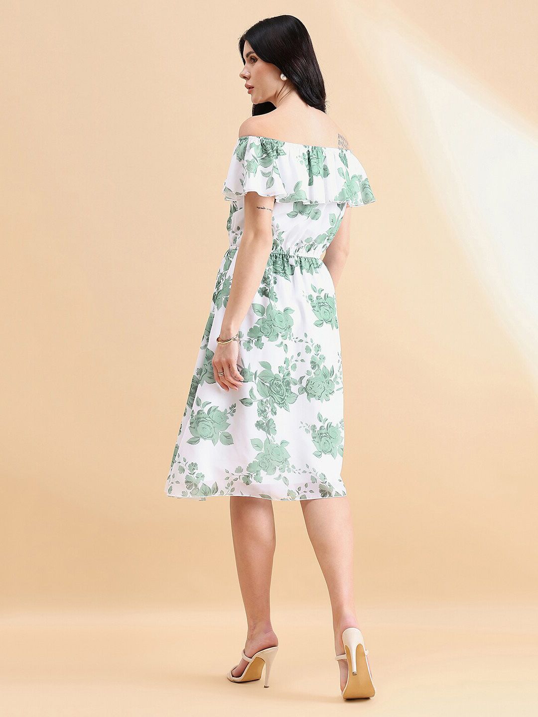 Frill Floral Dress - Green & White