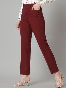 Regular Fit Mid Waist Tweed Trouser- Red