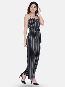 Striped Poly Crepe Comfort Fit Jumpsuit - Black