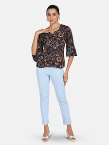 Floral Cotton Top - Brown & Blue