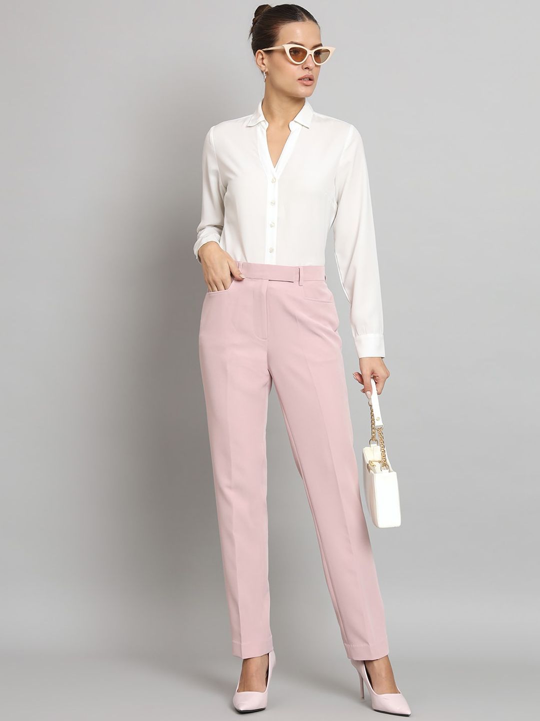 Stretch Regular Fit Mid Waist Trouser- Baby Pink