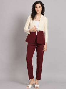 Colour Block Notched Collar Pant Suit - Off White and Maroon