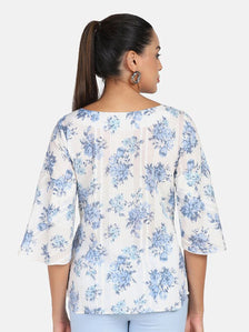 Cotton Printed Top - Blue & White