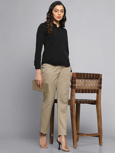 Poly Cotton Mid Waist Regular Fit Pants - Bamboo Beige