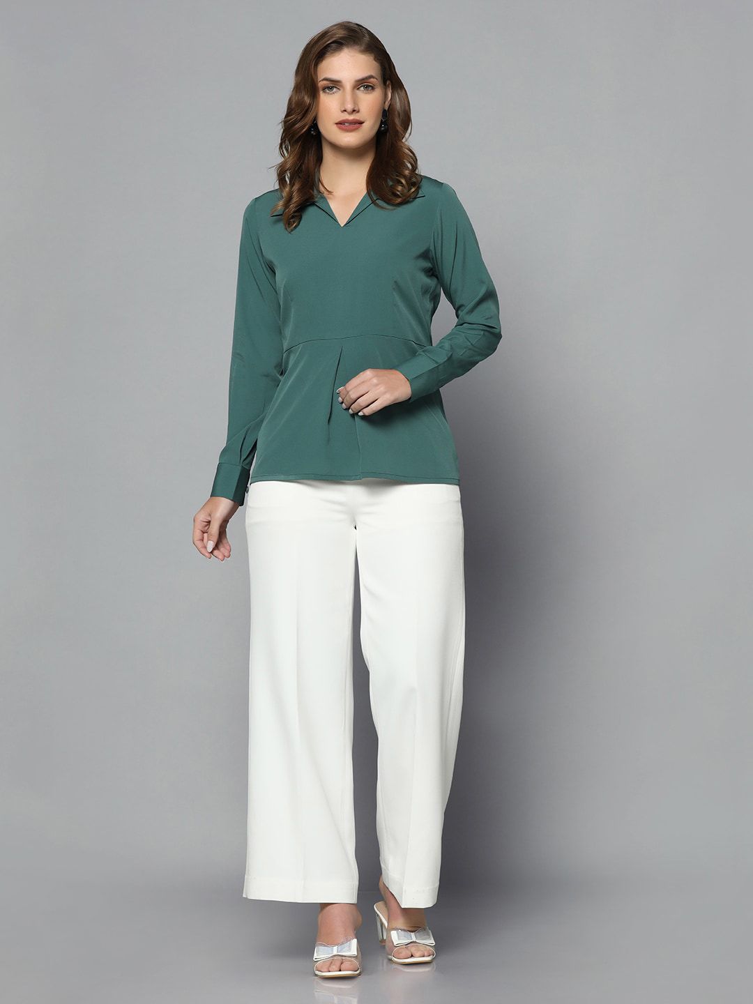 Regular Fit Collared Crepe Top - Green