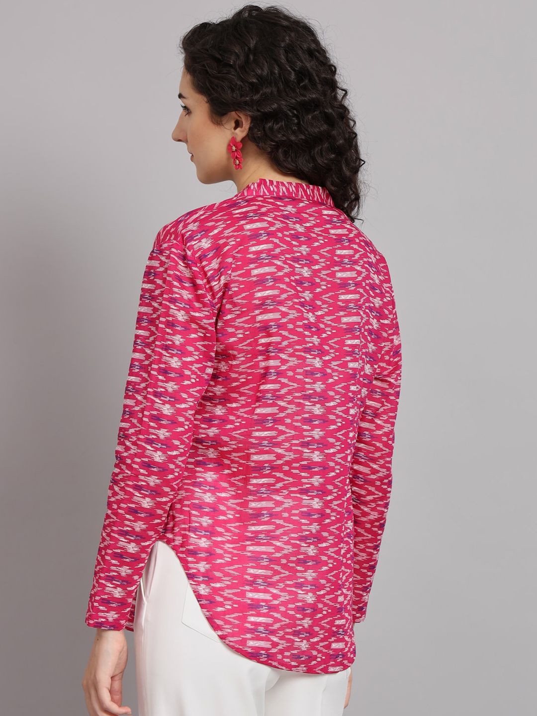 Front Open Ikat Print Jacket - White & Pink