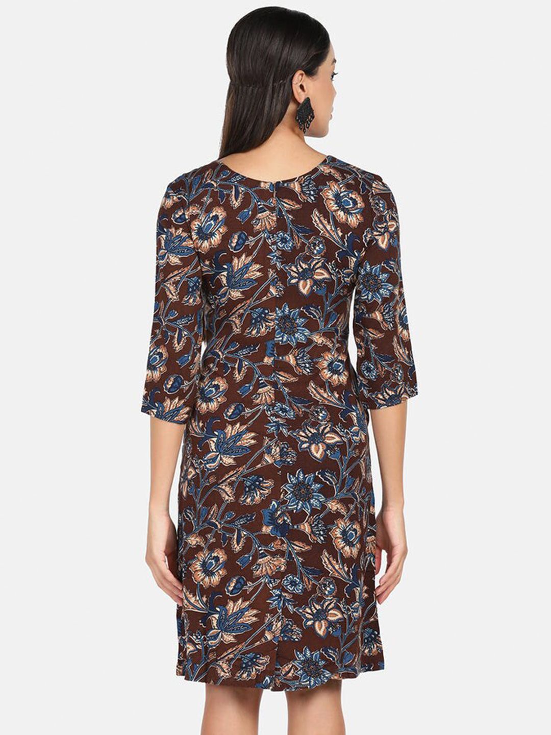 Floral Print Cotton Dress - Brown and Blue