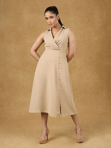 Beige Solid Wrap Neck Midi Dress