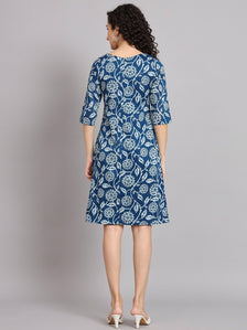 A line Cotton Printed Dress - Blue