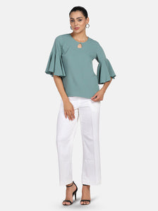 Bell Sleeves Poly Crepe Top - Sage Green