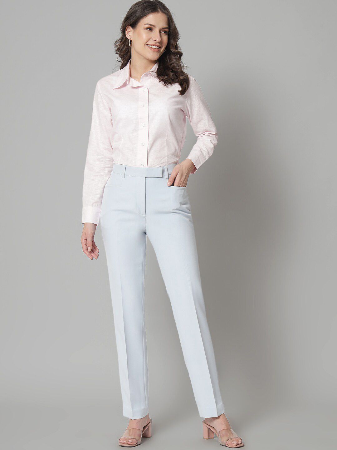 Poly Viscose Mid Waist Regular Fit Formal Trouser - Ice Blue