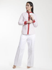 Mandarin Collar Cotton Shirt - White and Red