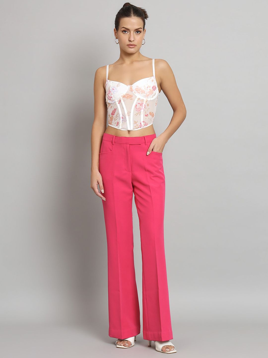 Mid Waist Bell Bottom Stretch Trouser - Hot Pink