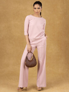 Pink Solid Boxy Top with Pullover Wide Leg Trousers