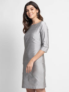 Poly Dupioni Evening Sheath Dress - Silver Grey