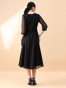 Straight Fit A line Flared Dress - Black