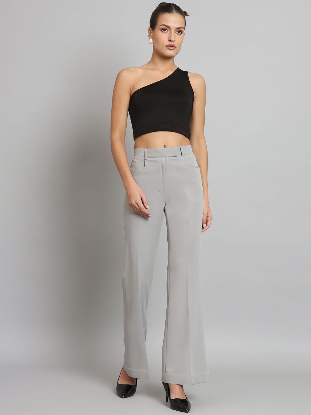 Mid Waist Bell Bottom Stretch Trouser - Grey