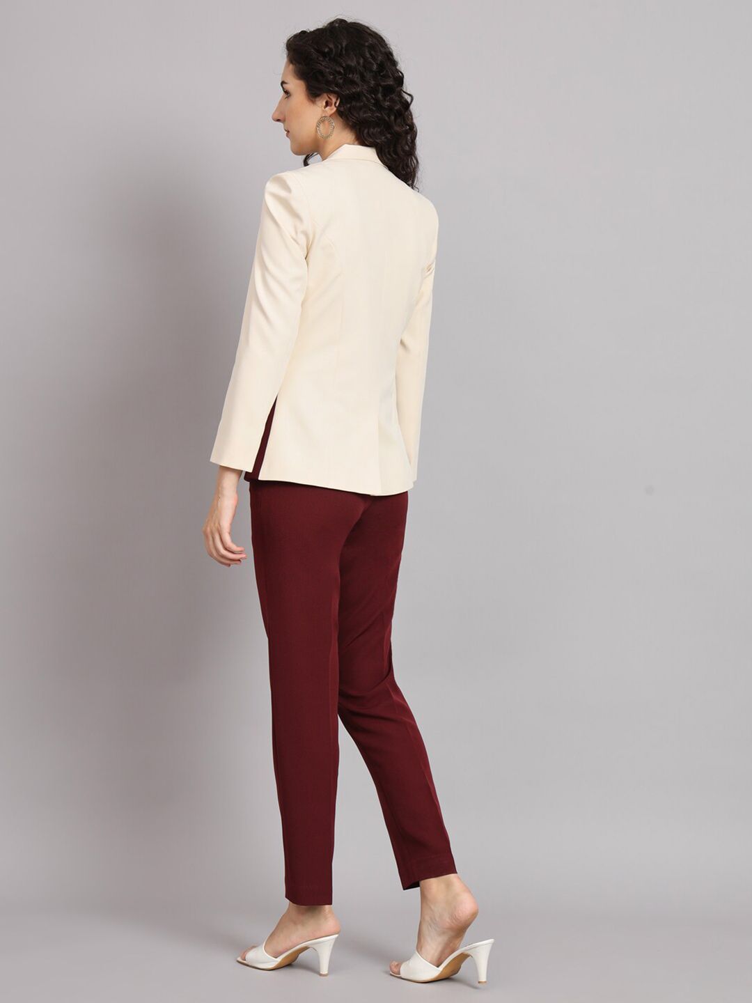 Colour Block Notched Collar Pant Suit - Off White and Maroon