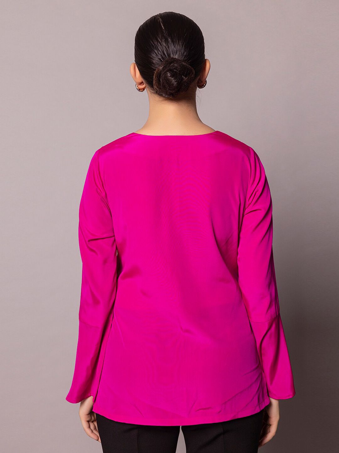 Regular Fit Bell Sleeves Crepe Top- Hot Pink