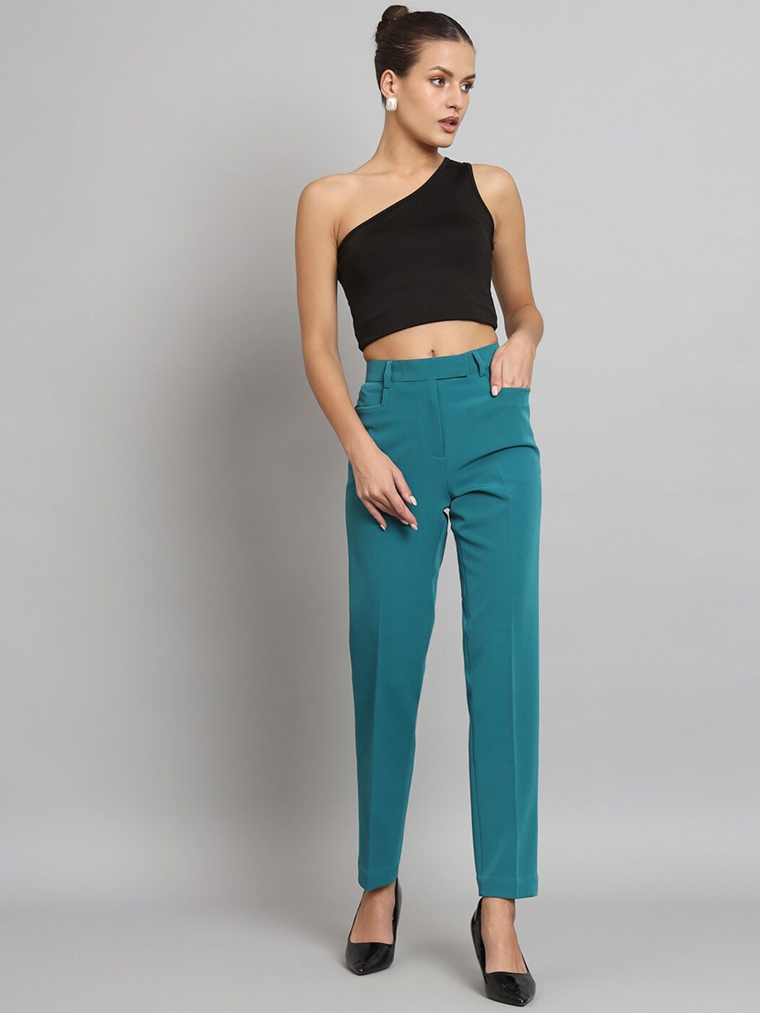 Regular Fit Mid Waist Trouser- Teal Green