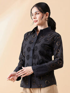 Schiffli Collared Shirt- Black