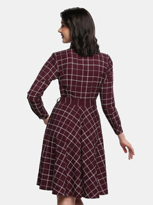 Poly Crepe Checkered Flare Shirt Dress - Maroon