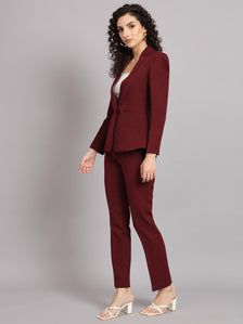 Notched Collar Stretch Pant Suit - Maroon