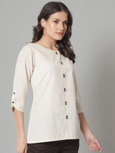 Cotton Loops and Button Detailed Regular FIt Top- Beige