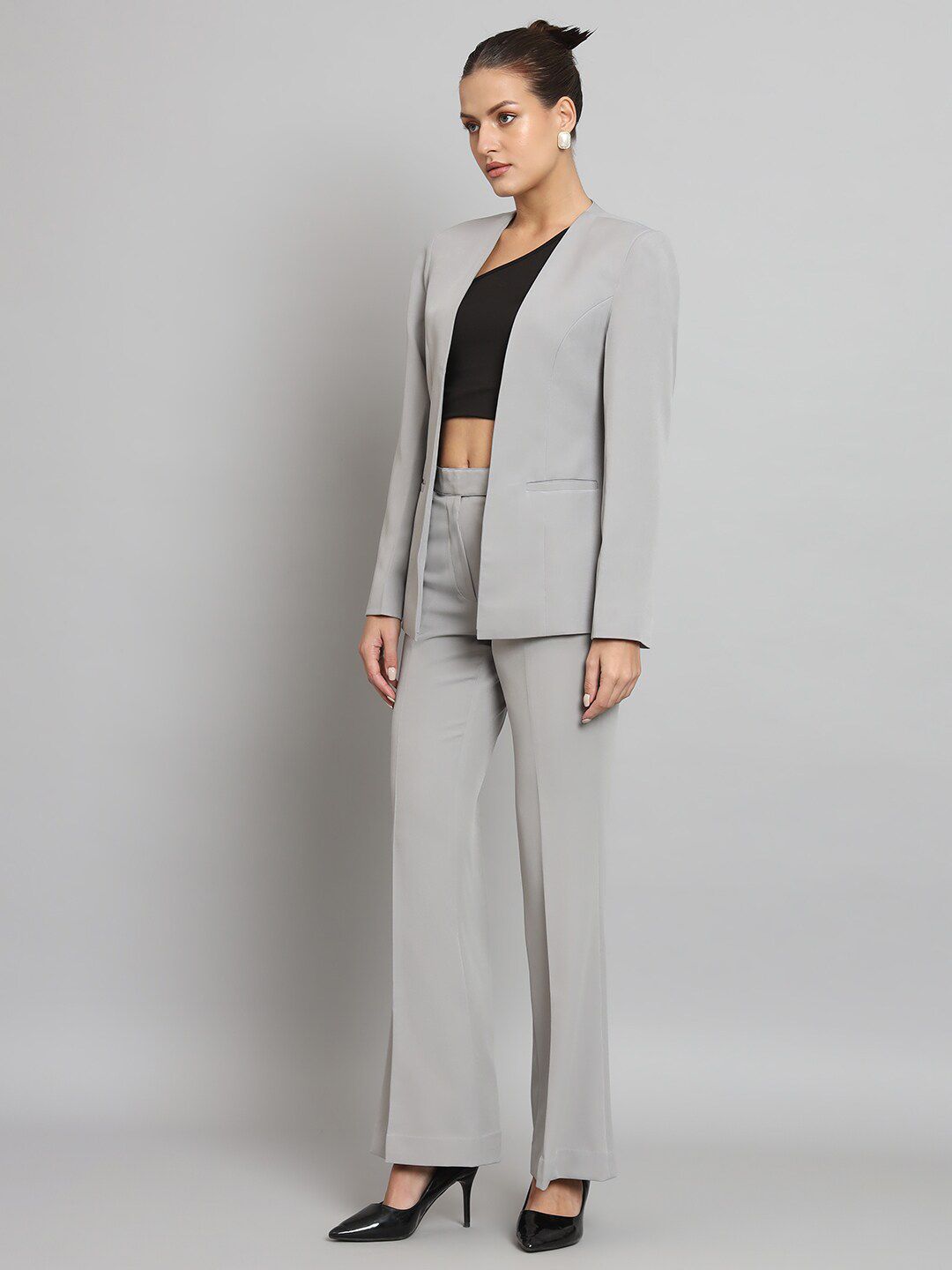 Lapel less Stretch Pant Suit- Grey