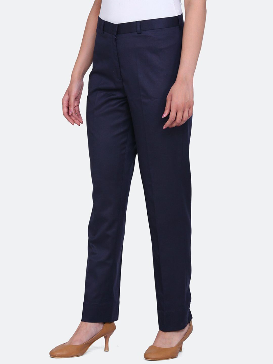 Poly Cotton Mid Waist Formal Trouser - Blue