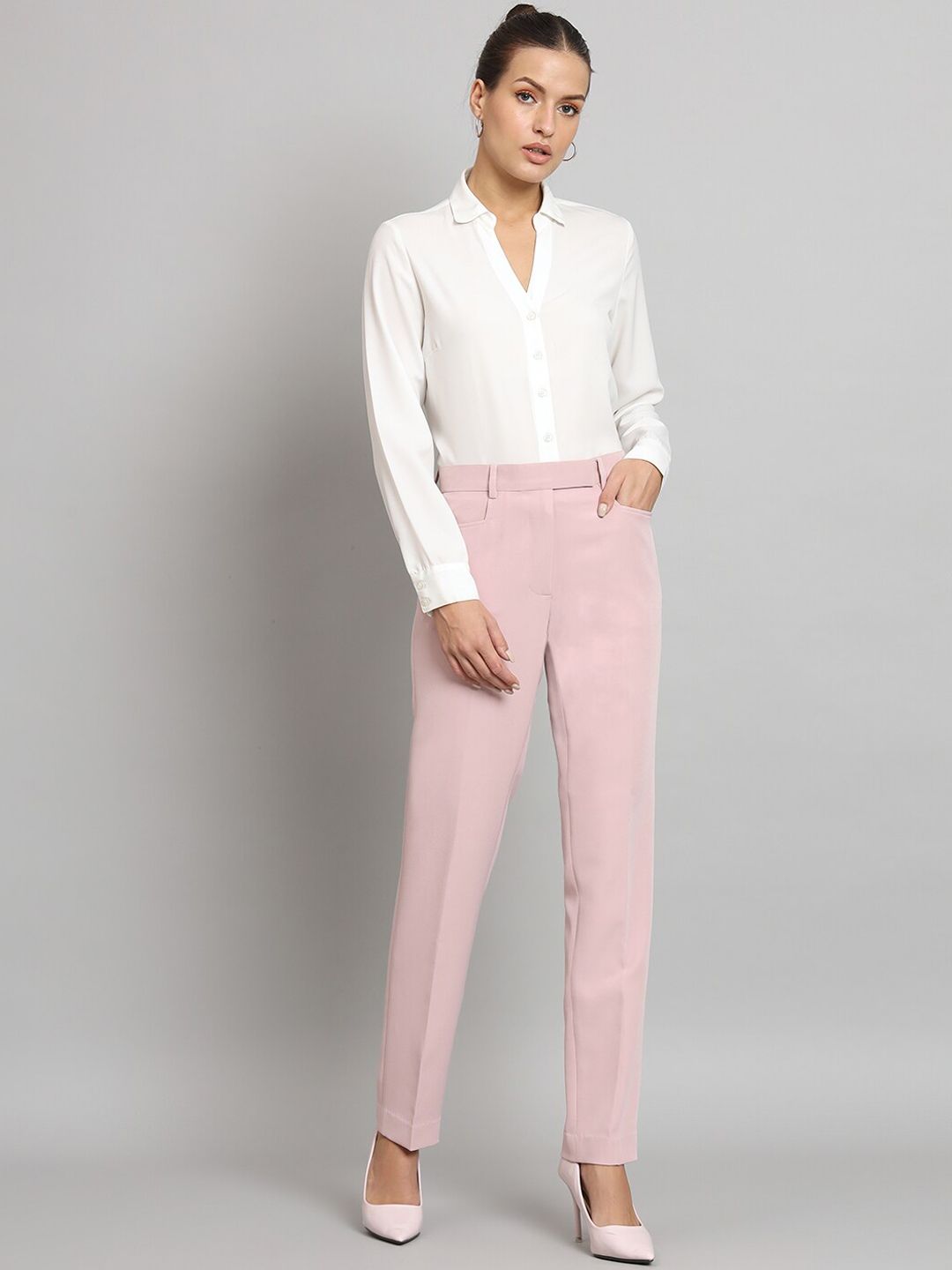 Stretch Regular Fit Mid Waist Trouser- Baby Pink