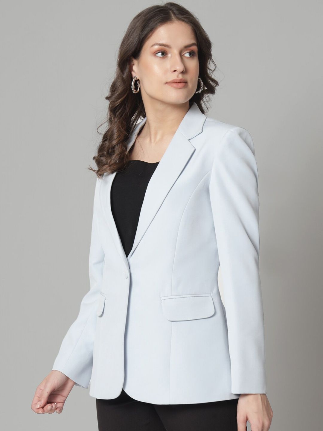 Single Button Notch Collar Blazer - Ice Blue