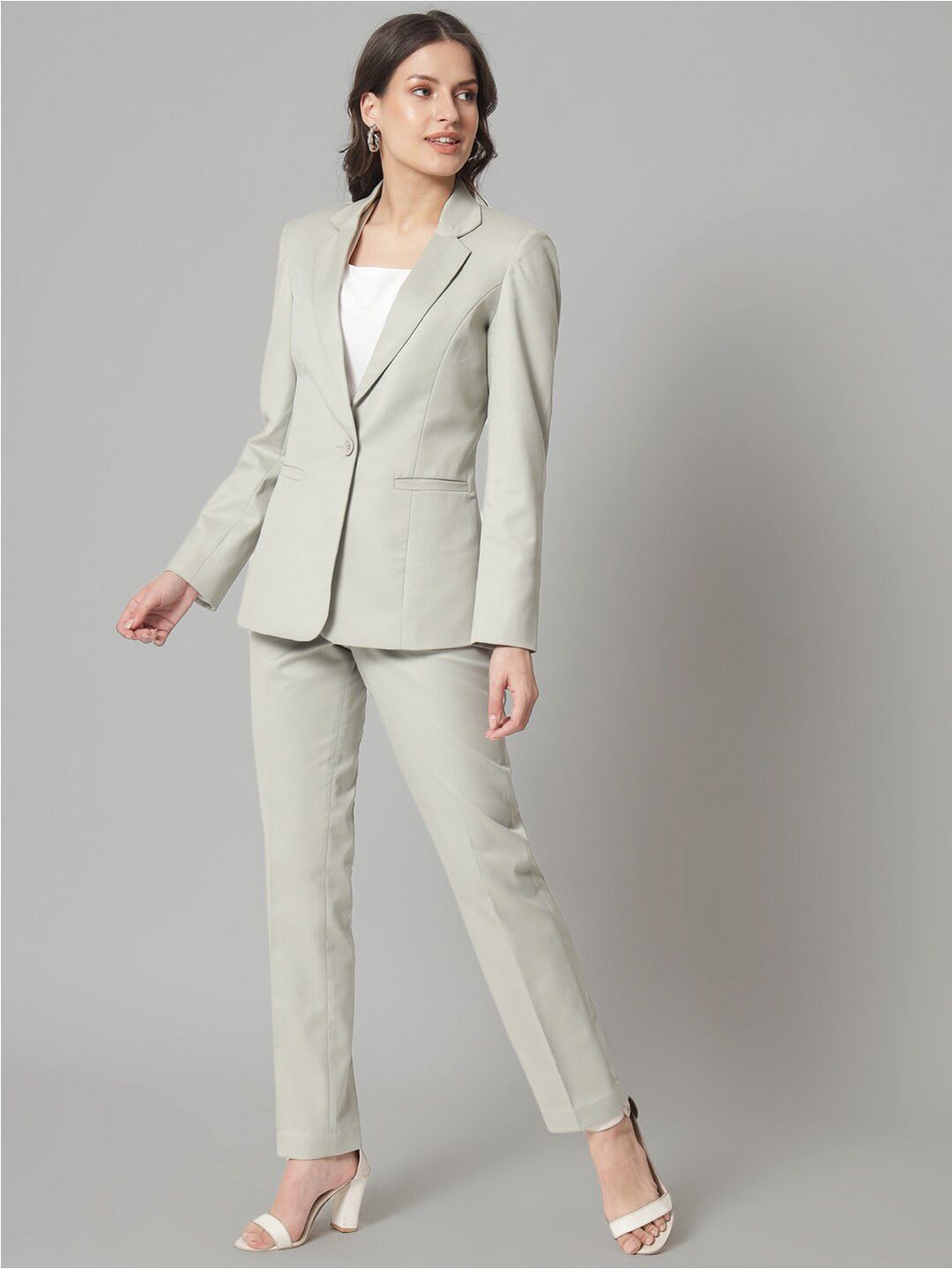 Poly Cotton Notch Collar Pant Suit - Sage Green