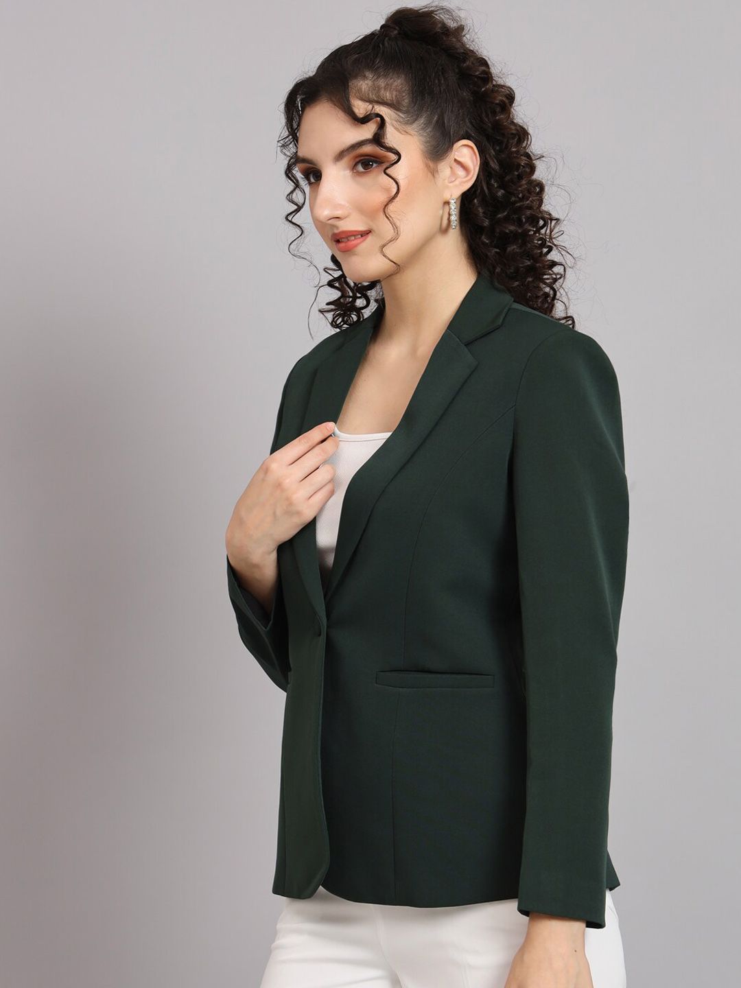 Notched Collar Polyester Blazer - Bottle Green