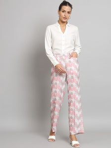 Mid Waist Printed Straight Fit Trouser- Pink