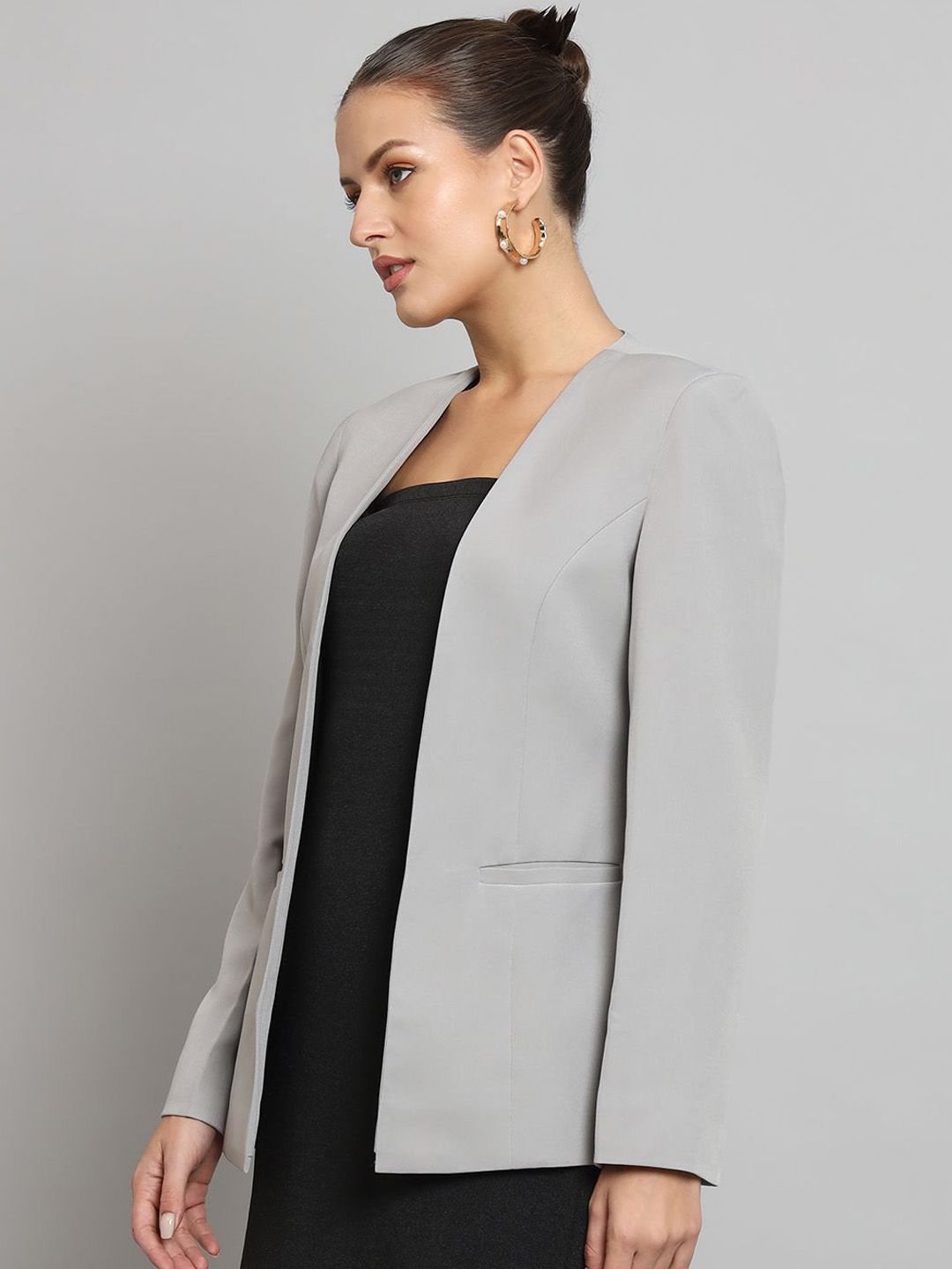 Lapel less Stretch Blazer- Grey