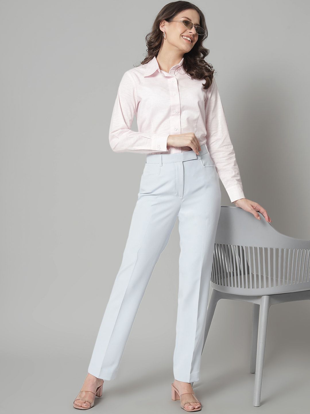 Poly Viscose Mid Waist Regular Fit Formal Trouser - Ice Blue