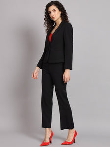 Short Blazer Notched Collar Polyester Pant Suit - Black