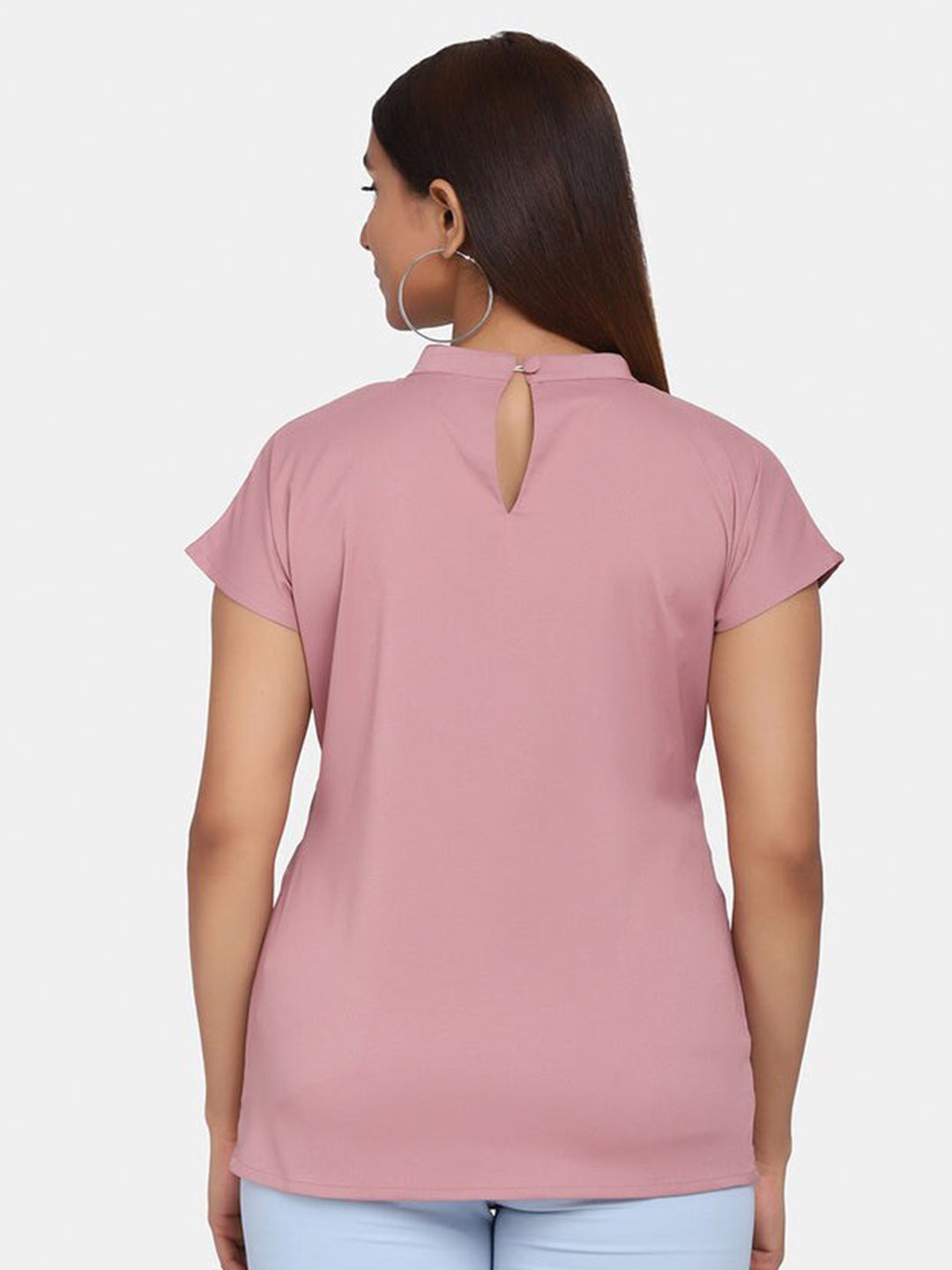 Short Sleeve High Neck Stretch Top for Women- Blush Pink