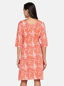 Cotton Printed A Line Dress - Orange & White