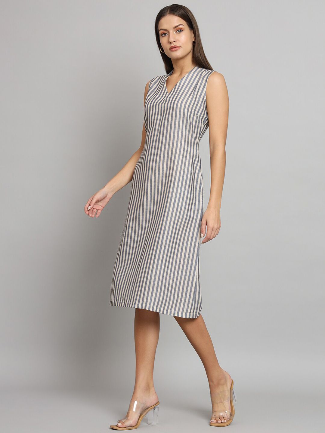 A-line Striped Poly Linen Dress- Blue and Beige