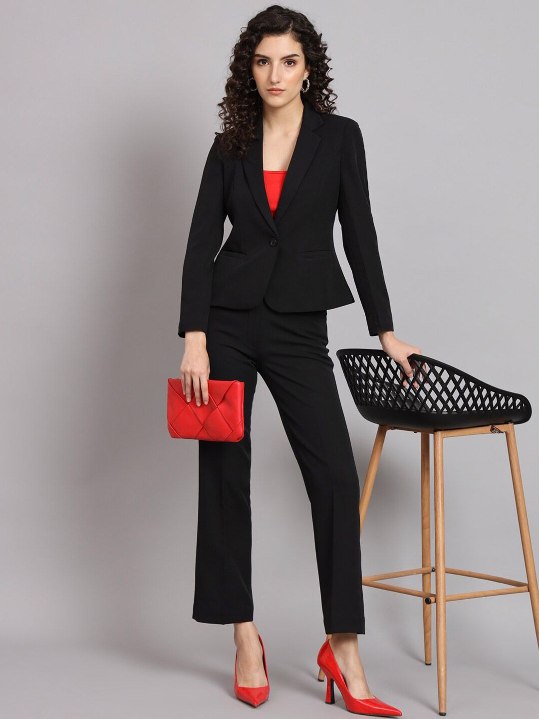 Short Blazer Notched Collar Polyester Pant Suit - Black