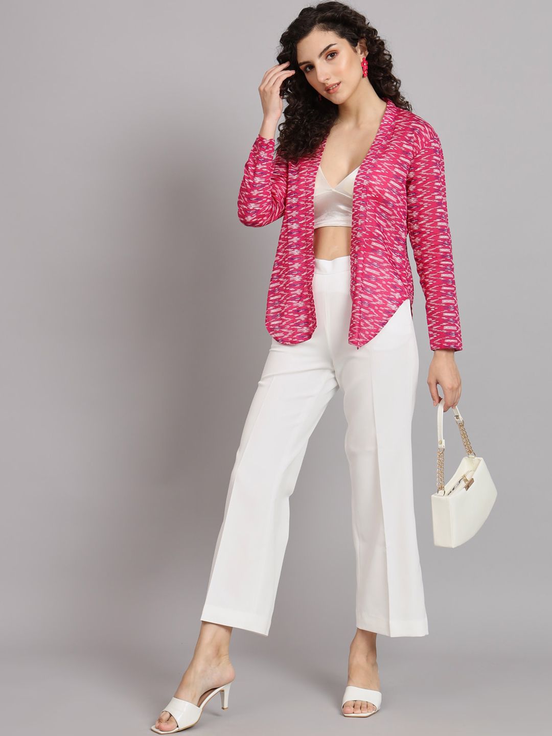 Front Open Ikat Print Jacket - White & Pink