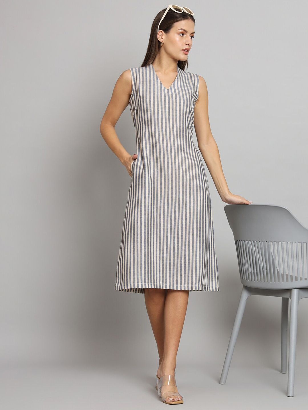 A-line Striped Poly Linen Dress- Blue and Beige