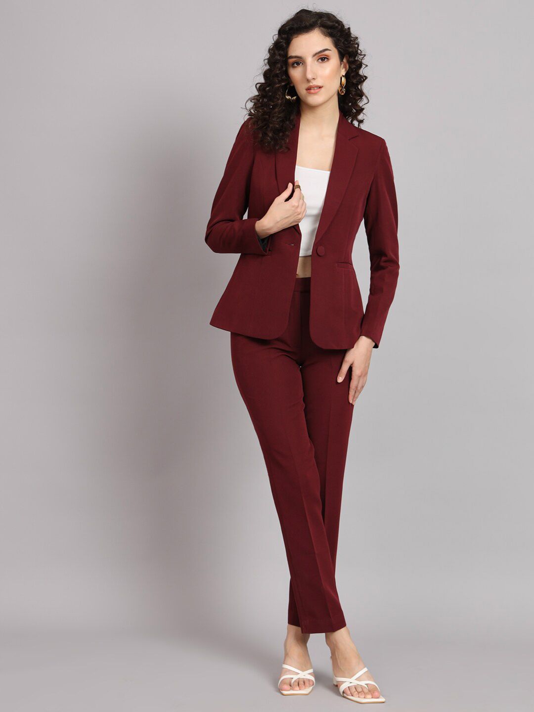 Notched Collar Stretch Pant Suit - Maroon