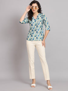 Regular Fit Printed V-Neck Top - Blue and Green