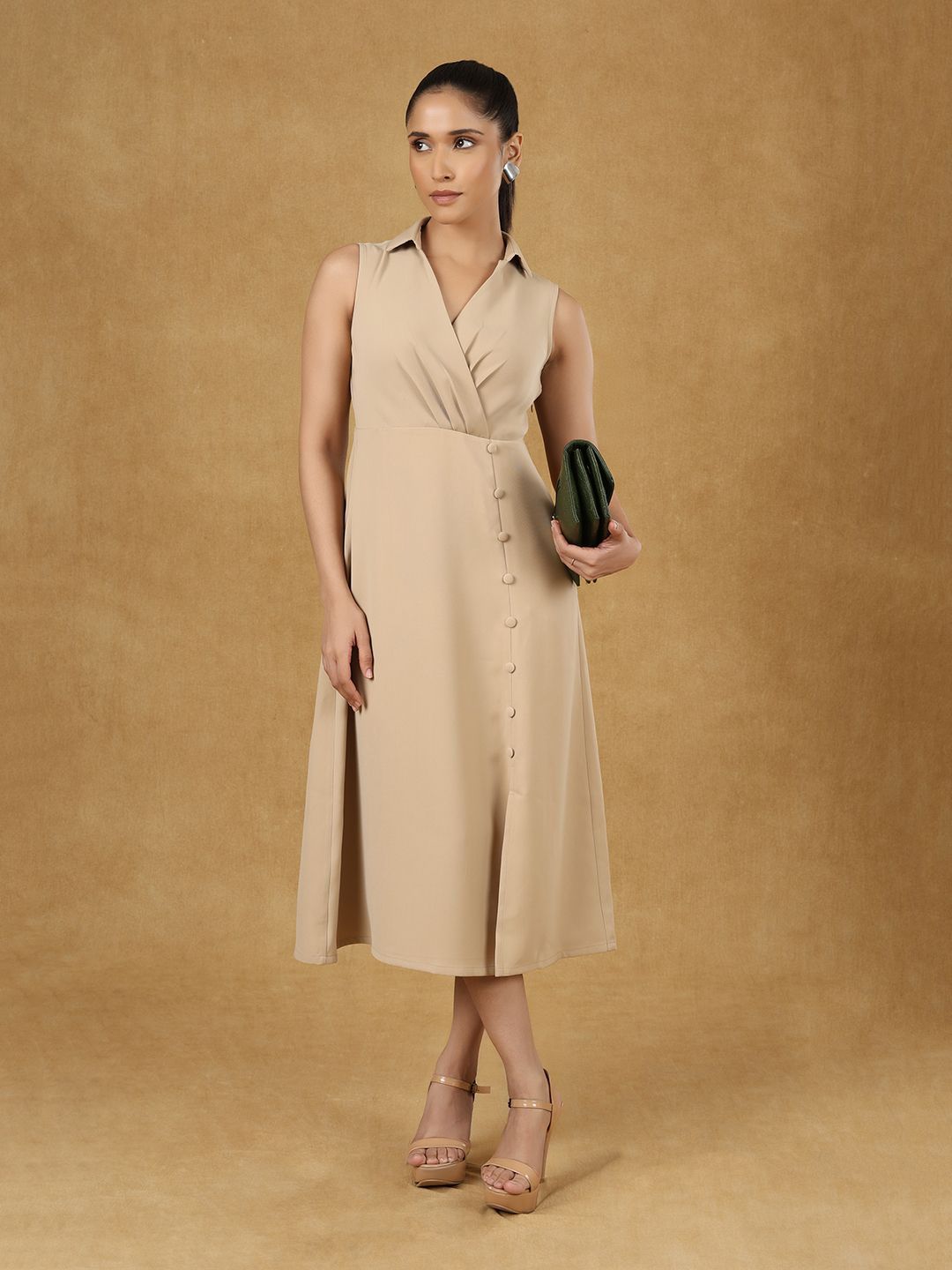 Beige Solid Wrap Neck Midi Dress